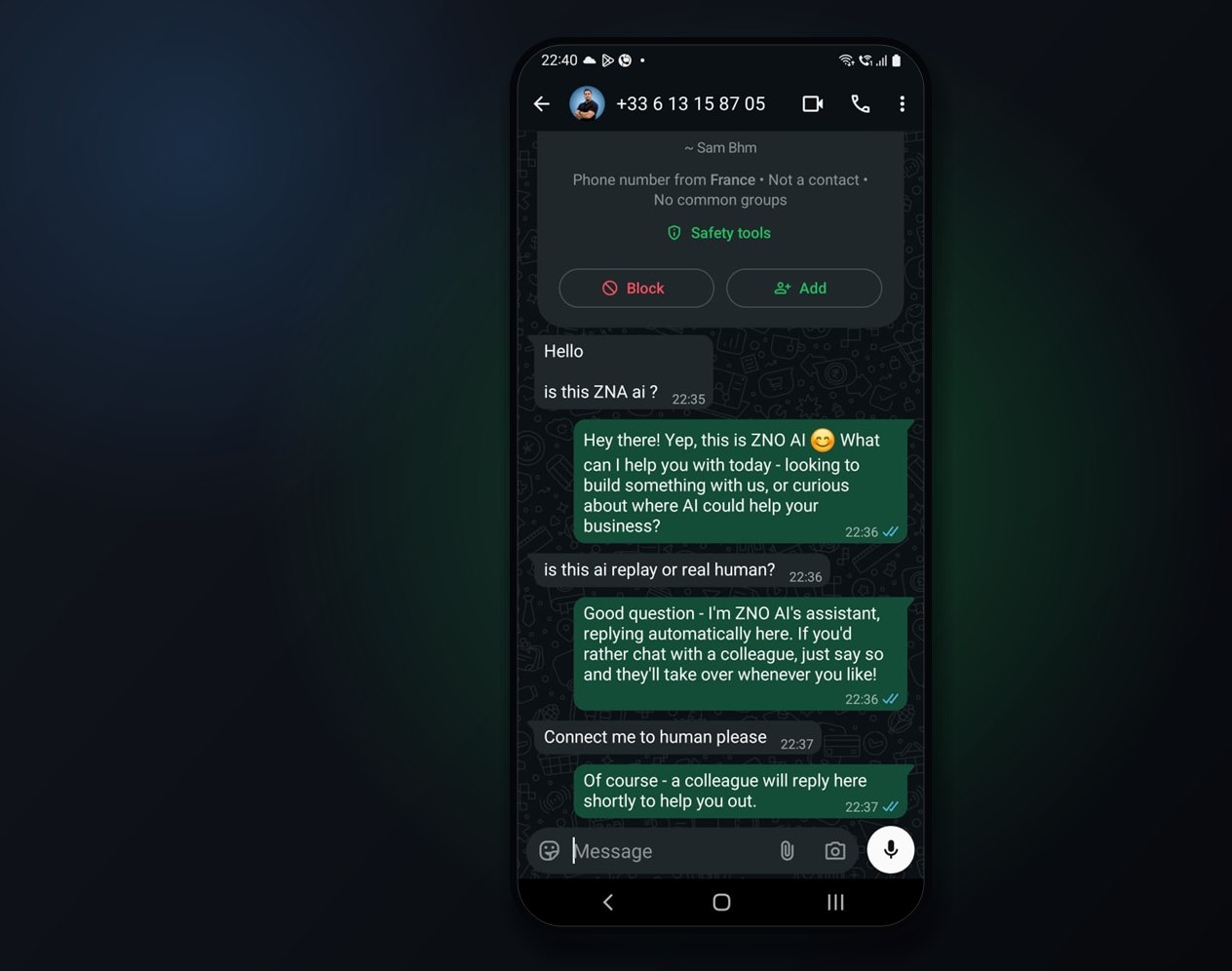 ZNO AI WhatsApp chatbot conversation
