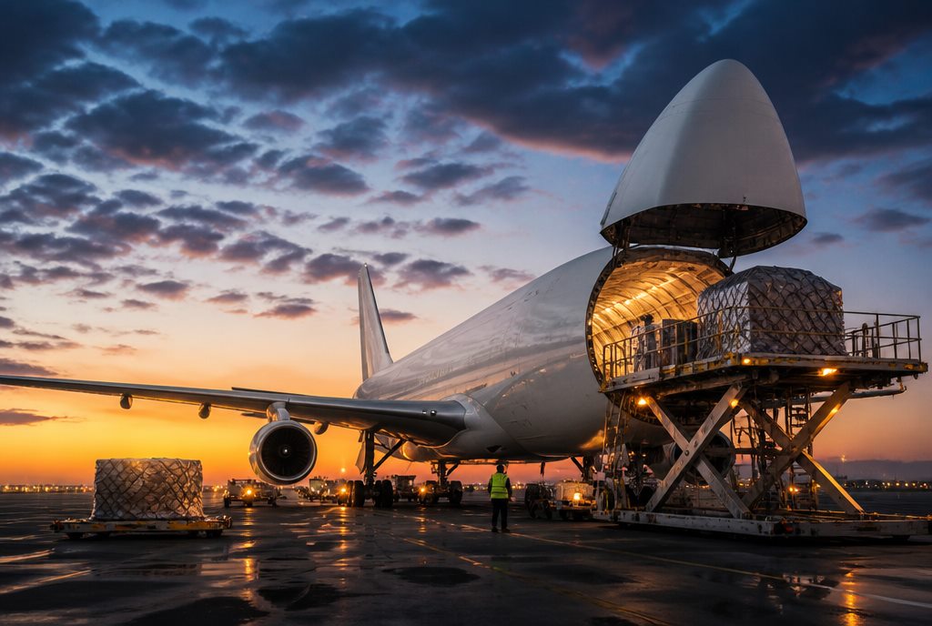 Cargo freight airplane being loaded on the tarmac