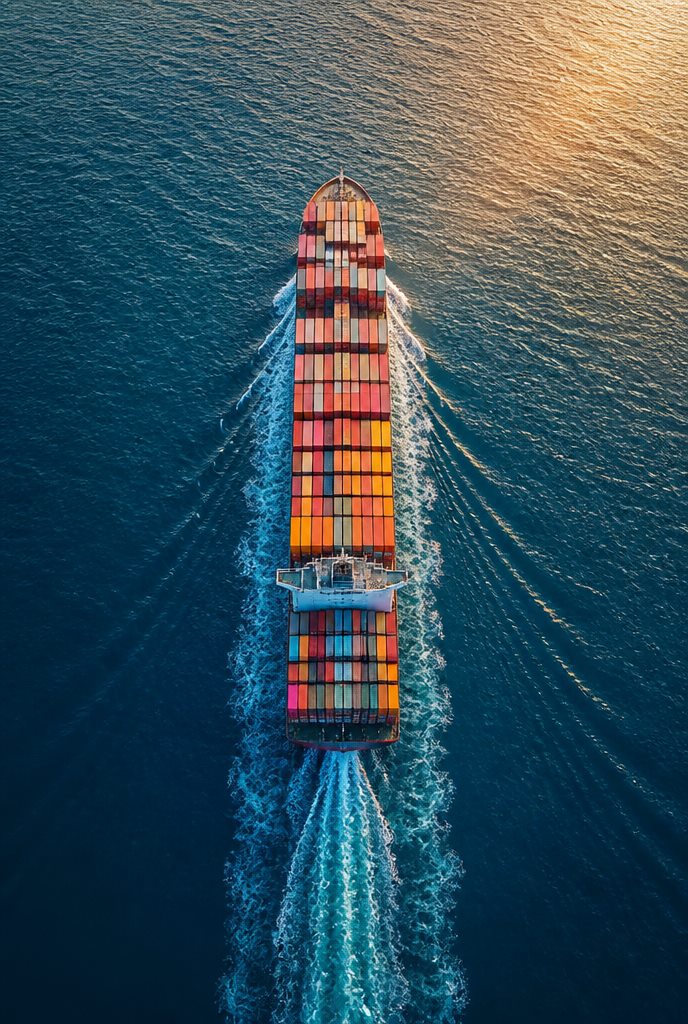 Container ship loaded with cargo at sea
