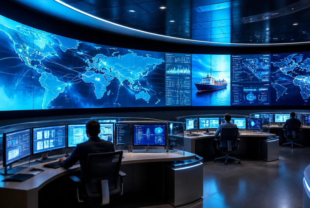 Portside logistics control room with live tracking screens