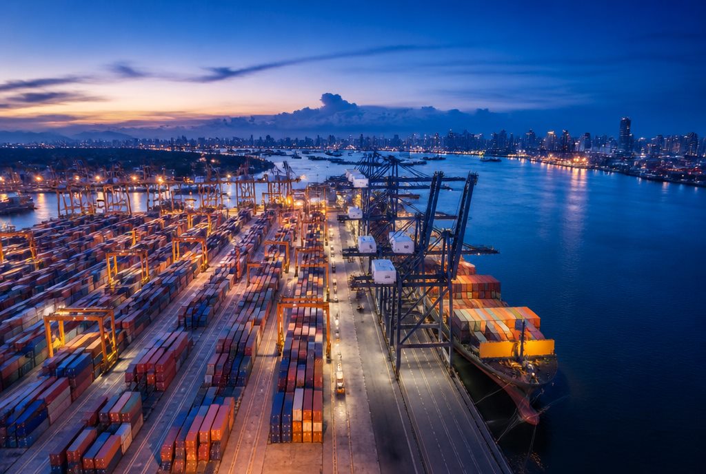 Portside logistics company website — container port at dusk