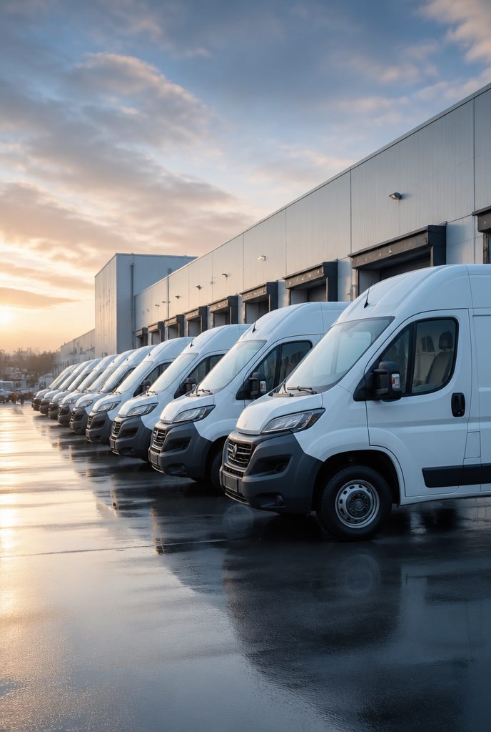 Fleet of white last-mile delivery vans at a depot