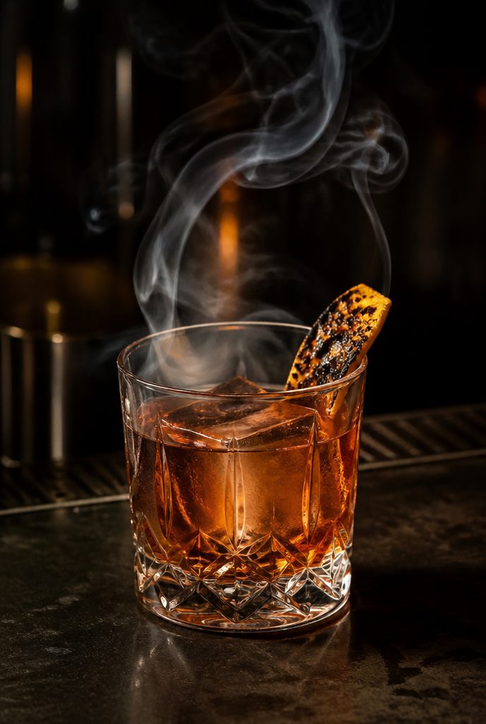 A smoky craft cocktail at the Ember & Oak bar
