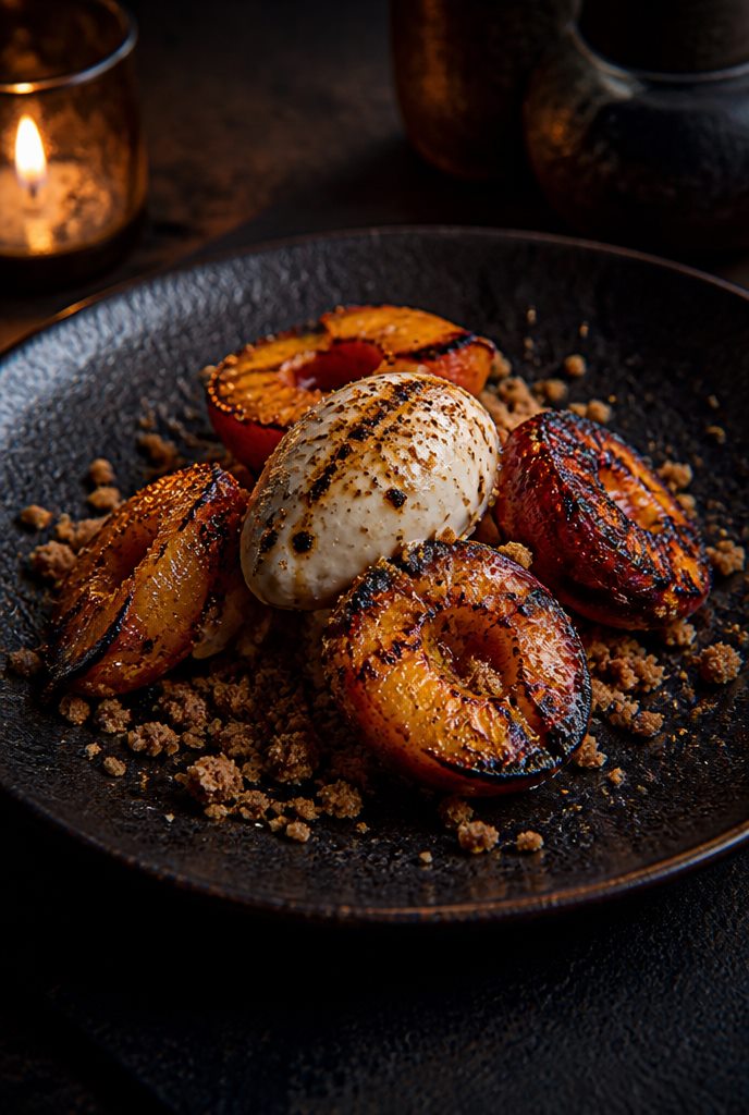 Grilled stone fruit with burnt honey and cream