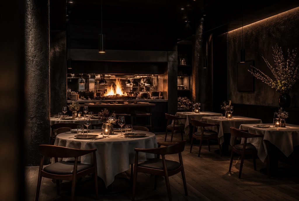 The intimate, candlelit Ember & Oak dining room with an open kitchen