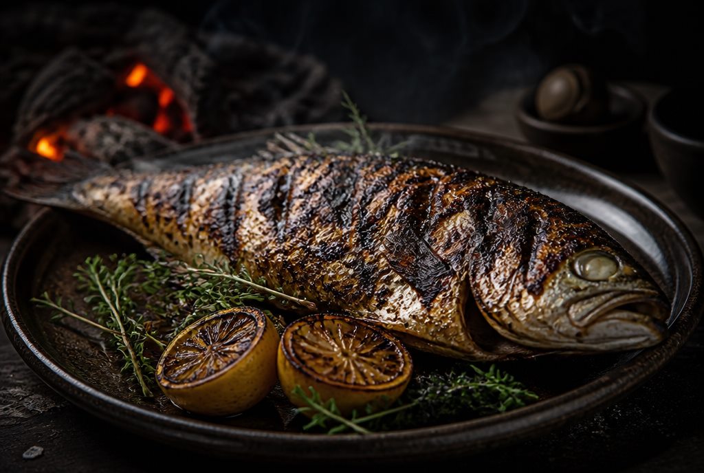 Whole market fish blistered over open flame