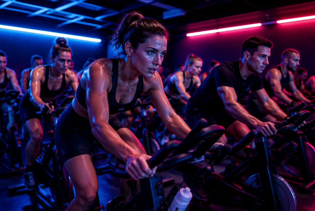 Indoor cycling studio with neon lighting
