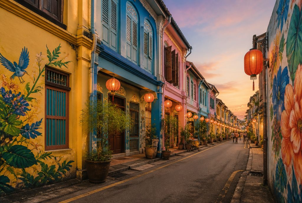 Colourful heritage shophouse street with lanterns