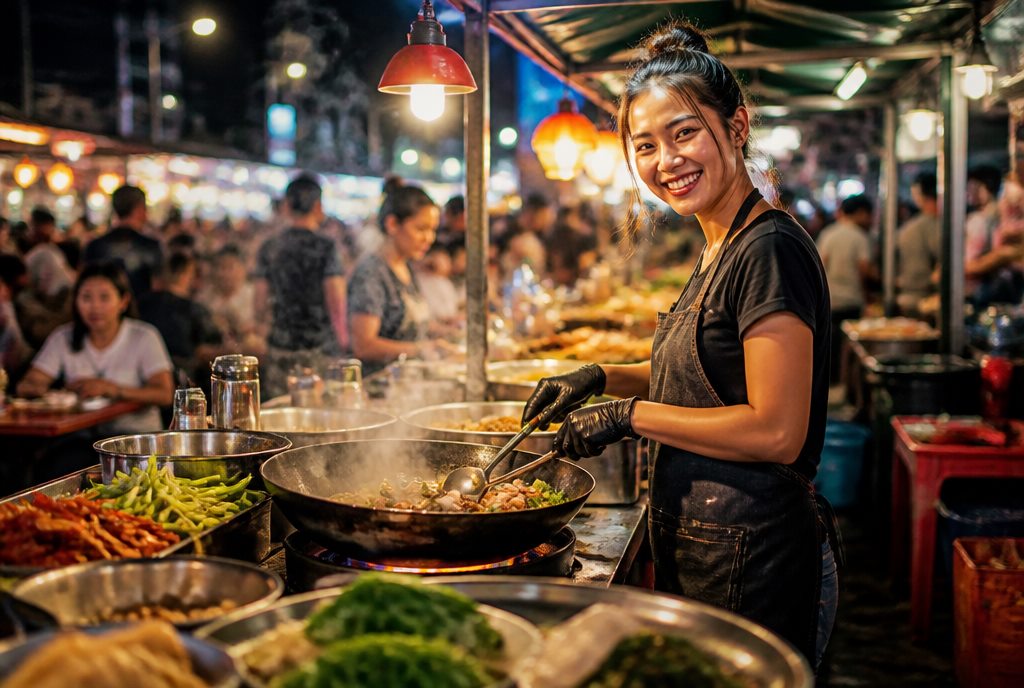 Vibrant night street food market with glowing stalls