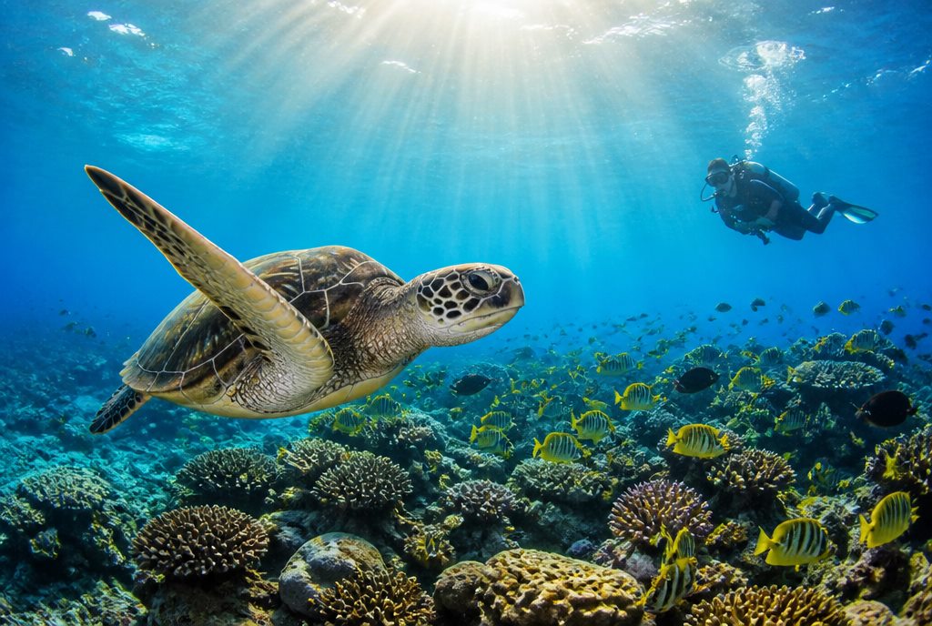 Sea turtle gliding over a vivid coral reef underwater
