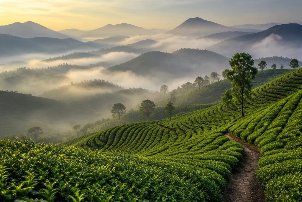 Misty green tea plantation on rolling highland hills