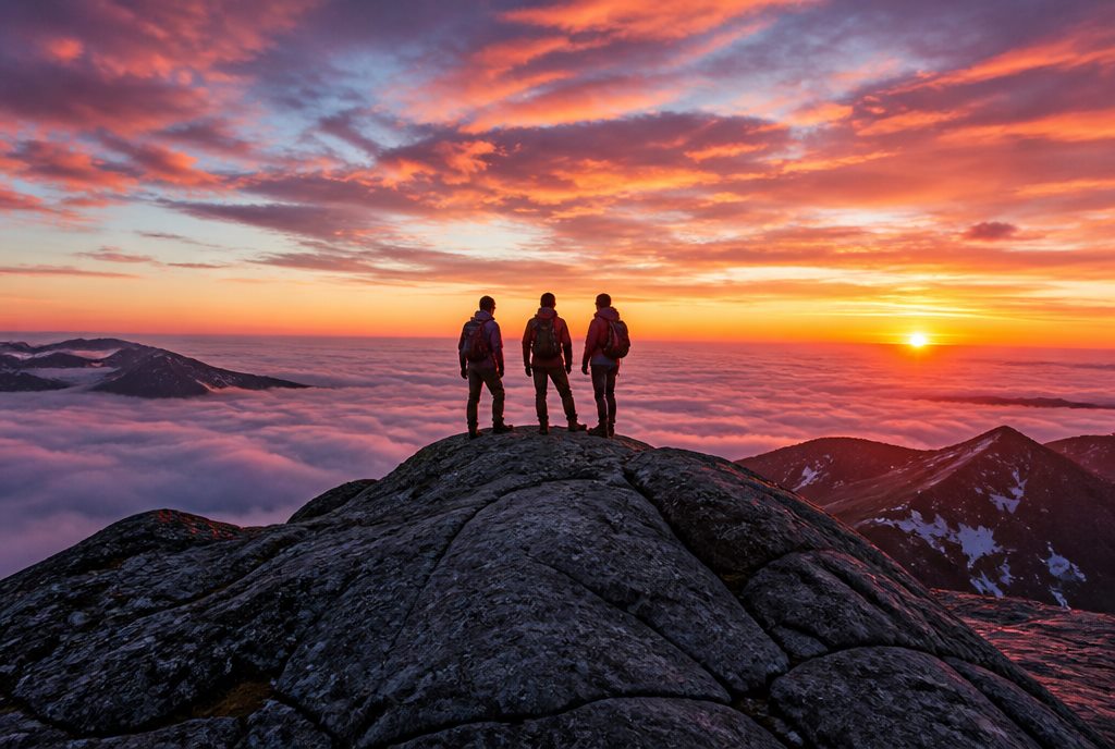 Hikers on a mountain summit at sunrise above the clouds
