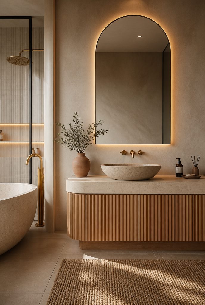 Spa-like travertine ensuite bathroom with brass fixtures