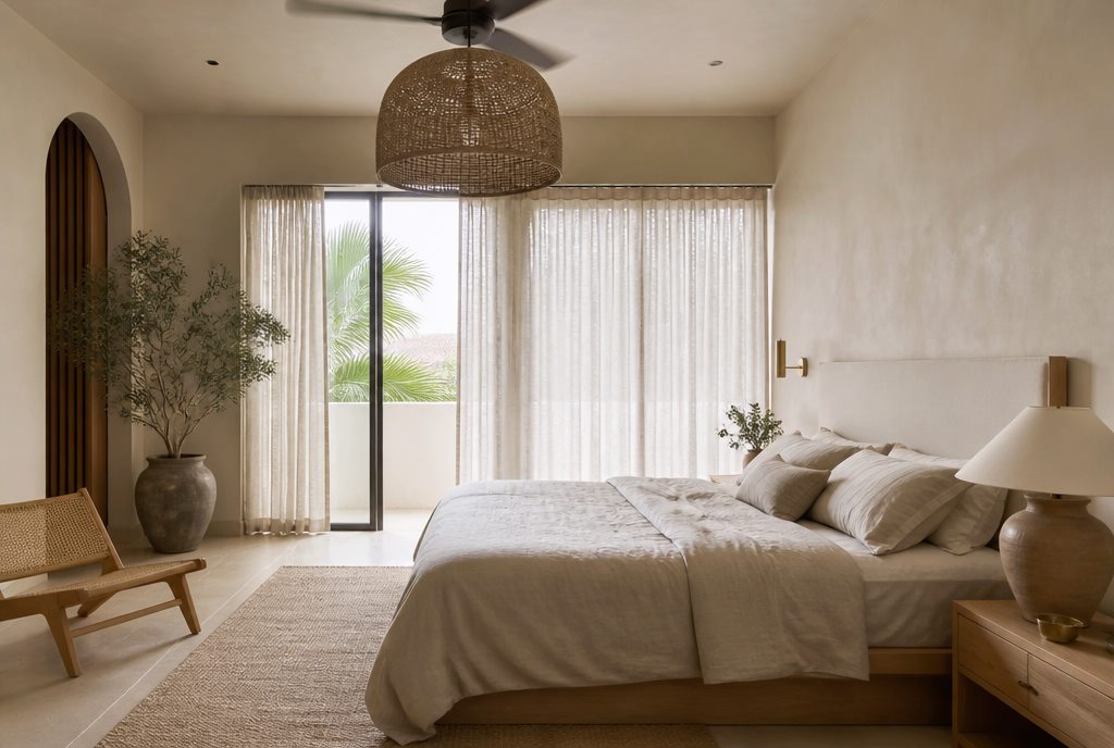 Serene main bedroom with linen bedding and oak platform bed