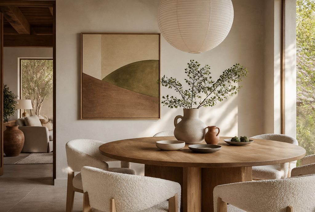 Warm dining nook with round oak table and boucle chairs