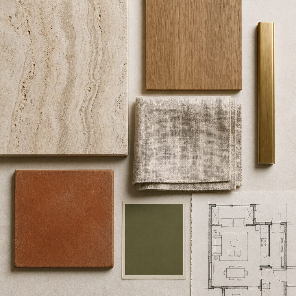 Material palette moodboard — travertine, oak, brass, linen and clay
