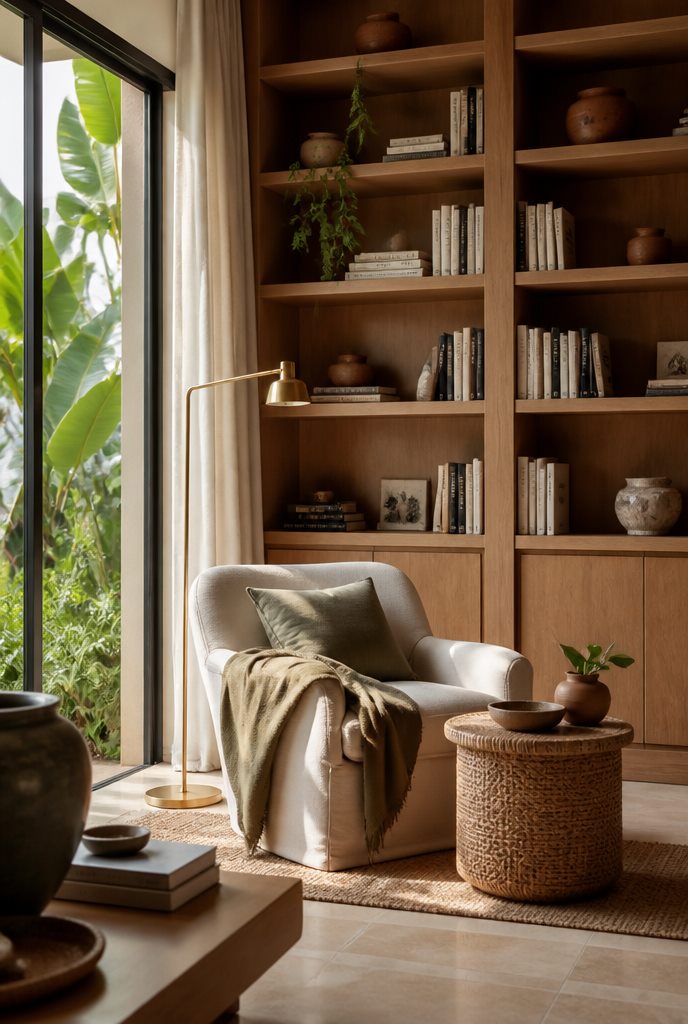 Reading nook with built-in oak shelving and linen armchair