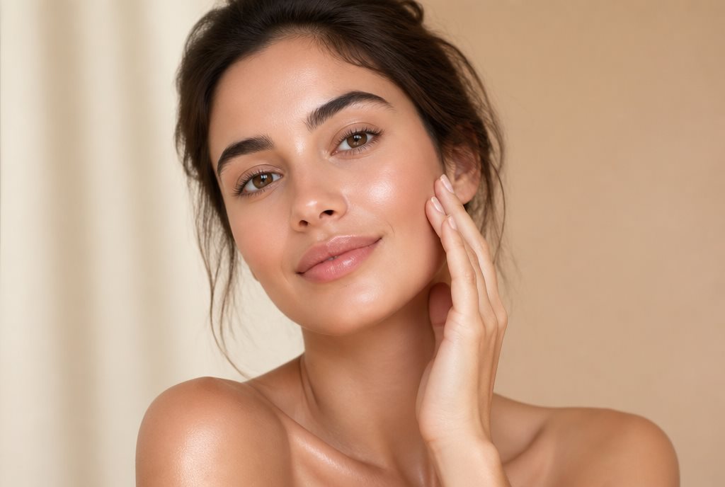 A woman touching her healthy, glowing skin