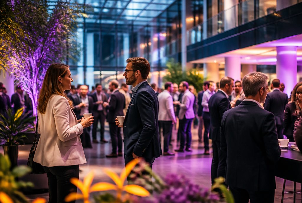 Modern conference networking lounge with warm lighting